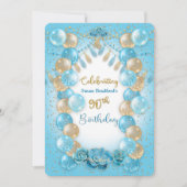 90誕生日レディースブルー金ゴールドバルーンデザイン 招待状 (正面)