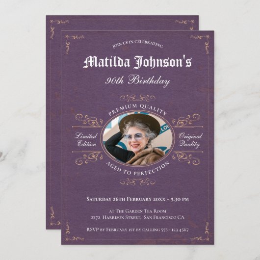 90誕生日ヴィンテージラベンダーカスタムの写真 招待状 (正面/裏面)