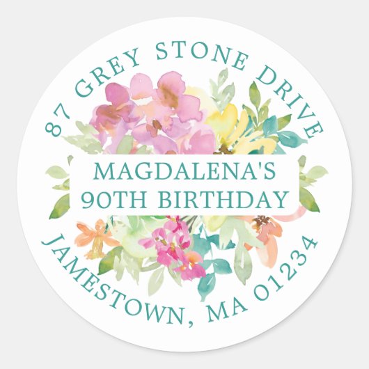 90誕生日夏フローラ差出人住所ラベル ラウンドシール (正面)