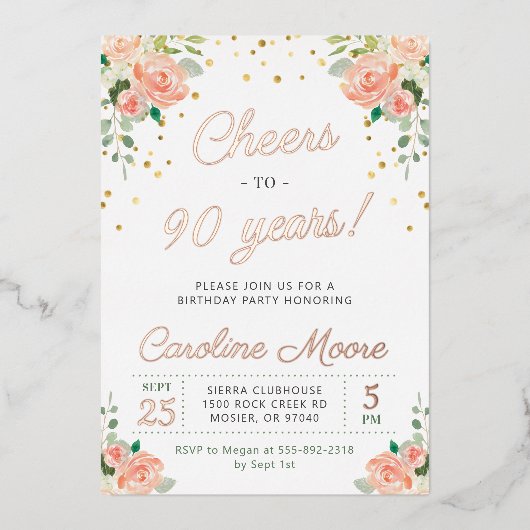 90誕生日応援から90年レディースバラ金ゴールド 箔招待状 (正面)