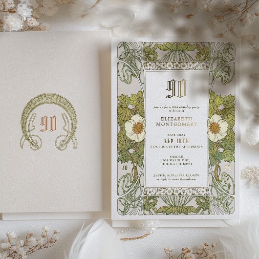 90誕生日招待状アールヌーボーバイミュシャ 箔招待状