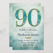 90誕生日招待状ターコイズブルー金ゴールド大人 招待状 (正面/裏面)