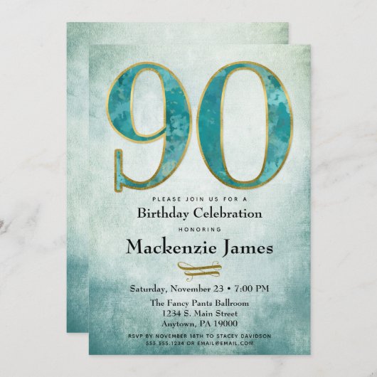 90誕生日招待状ターコイズブルー金ゴールド大人 招待状 (正面/裏面)