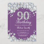 90誕生日招待状パープルとシルバーダイヤモンド 招待状 (正面/裏面)