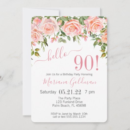 90誕生日招待状ピンクフローラモダンパーティー 招待状 (正面)