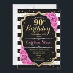 90誕生日招待状ピンク白黒ストライプ 招待状<br><div class="desc">第90回バースデーパーティーの女性への招待。白黒エレガントとピンクの招待状カードとフェイクグリッター金ゴールド。フローラデザインストライプ、スクリプトフォント、ピンクのバラ。マイルストーンスタイリッシュの大人のお祝いに最適。</div>