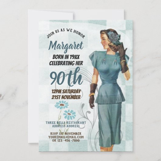 90誕生日招待状ヴィンテージレトロアールデコ3 招待状 (正面)