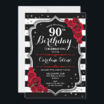 90誕生日招待状白黒ストライプバラ 招待状<br><div class="desc">第90回バースデーパーティーの女性への招待。黒エレガント色、白と赤の招待状カードとグリッター銀フェイク。フローラデザインストライプ、スクリプトフォントと赤いバラを特徴とする。マイルストーンスタイリッシュの大人のお祝いに最適。</div>