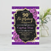 90誕生日招待状紫金ゴールドとバラ 招待状 (スタンド正面)