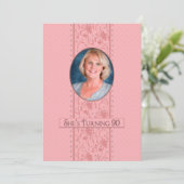 90誕生日招待状、ピンクフェミニンと写真 招待状 (スタンド正面)