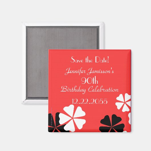 90誕生日日付を保存する赤フローラミニマリスト マグネット (正面/裏面)