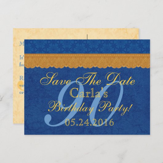 90誕生日日付を保存する青と金ゴールドレース 案内ポストカード (正面/裏面)