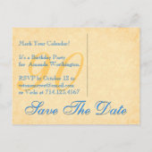 90誕生日日付を保存する青と金ゴールドレース 案内ポストカード (裏面)