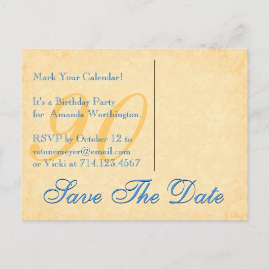 90誕生日日付を保存する青と金ゴールドレース 案内ポストカード (裏面)