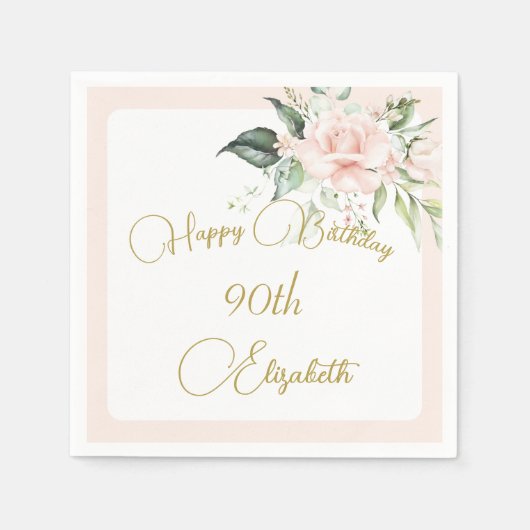 90誕生日水彩ピンクフローラ スタンダードカクテルナプキン (正面)
