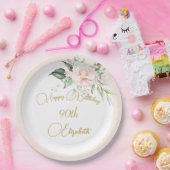 90誕生日水彩ピンクフローラ ペーパープレート (パーティー)