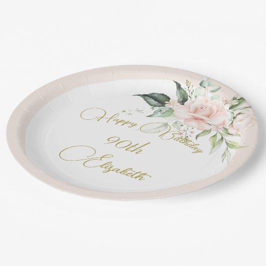 90誕生日水彩ピンクフローラ ペーパープレート (アングル)