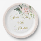 90誕生日水彩ピンクフローラ ペーパープレート (正面)