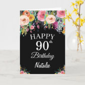 90誕生日水彩フローラフラワーズブラックカード カード (黄色い花)