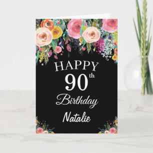 90誕生日水彩フローラフラワーズブラックカード カード