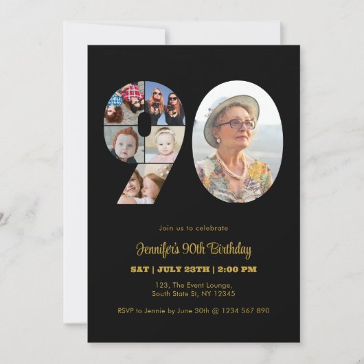 90誕生日番号90フォトコラージッモダンク 招待状 (正面)