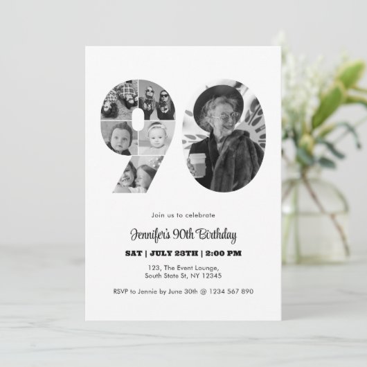 90誕生日番号90フォトコラージュ白黒 招待状 (スタンド正面)