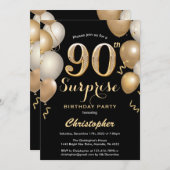 90誕生日目の黒と金ゴールド風船 招待状 (正面/裏面)