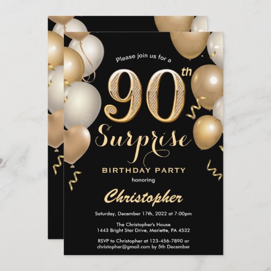 90誕生日目の黒と金ゴールド風船 招待状 (正面/裏面)