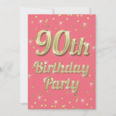 90誕生日金ゴールドきらきら光るタイポグラフィ紙吹雪ピンク 招待状 (正面)