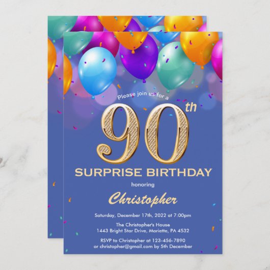90誕生日青と金ゴールド風船 招待状 (正面/裏面)