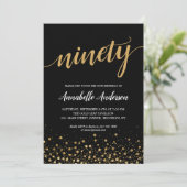 90誕生日黒エレガント金ゴールド紙吹雪スクリプト 招待状 (スタンド正面)