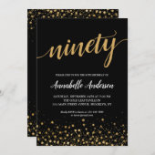 90誕生日黒エレガント金ゴールド紙吹雪スクリプト 招待状 (正面/裏面)