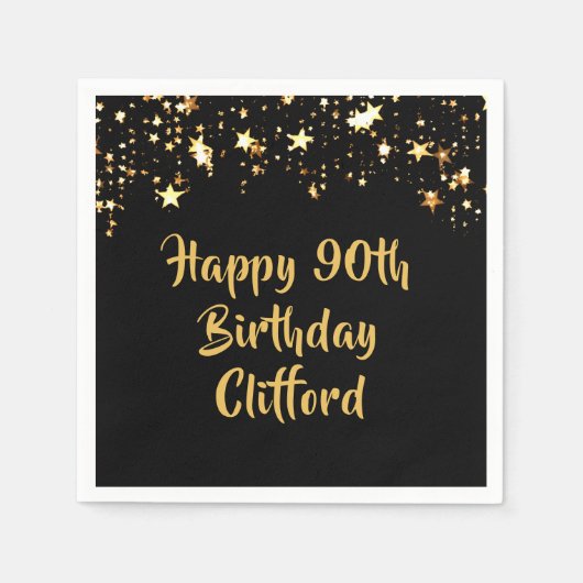 90誕生日黒モダン金ゴールド星名 スタンダードカクテルナプキン (正面)