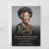 90誕生日黒金ゴールドモダン写真 招待状 (正面)