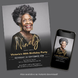 90誕生日黒金ゴールドモダン写真 招待状