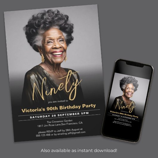90誕生日黒金ゴールドモダン写真 招待状
