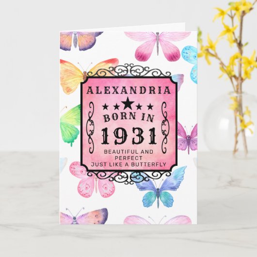 90誕生日1931生まれ年ピンク·ウォーターカラー·バタフライ カード (黄色い花)