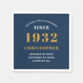 90誕生日1932名前を追加Blue金ゴールド スタンダードカクテルナプキン (正面)