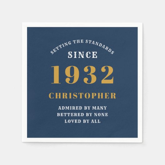 90誕生日1932名前を追加Blue金ゴールド スタンダードカクテルナプキン (正面)