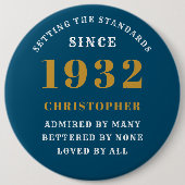 90誕生日1932青エレガント金ゴールド名（年） 缶バッジ (正面)