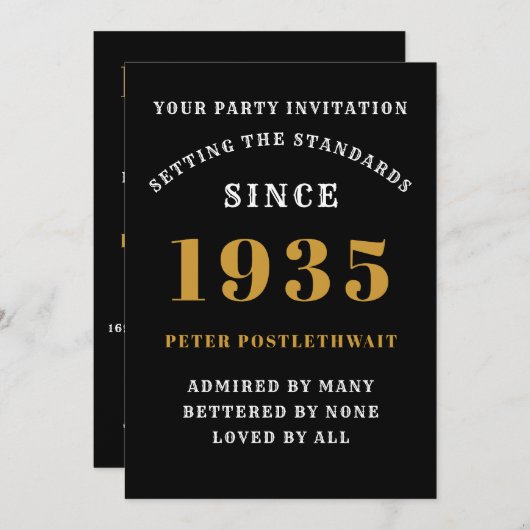 90誕生日1935ブラック金ゴールドパーソナライズされたのために 招待状 (正面/裏面)