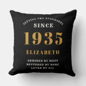 90誕生日1935ブラック金ゴールドレディパーソナライズされたズ クッション (正面)