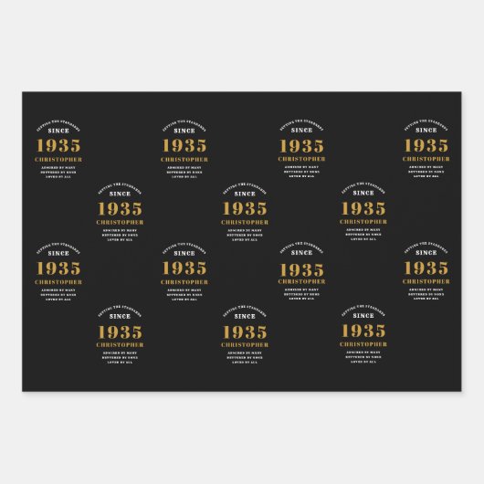 90誕生日1935生まれ名を追加黒い金ゴールド ラッピングペーパーシート (正面3)