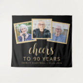 90誕生日3フォトブラック金ゴールドスクリプト応援 タペストリー (正面(横))