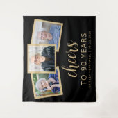 90誕生日3フォトブラック金ゴールドスクリプト応援 タペストリー (正面)