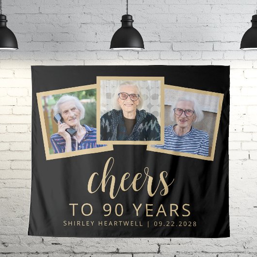 90誕生日3フォトブラック金ゴールドスクリプト応援 タペストリー