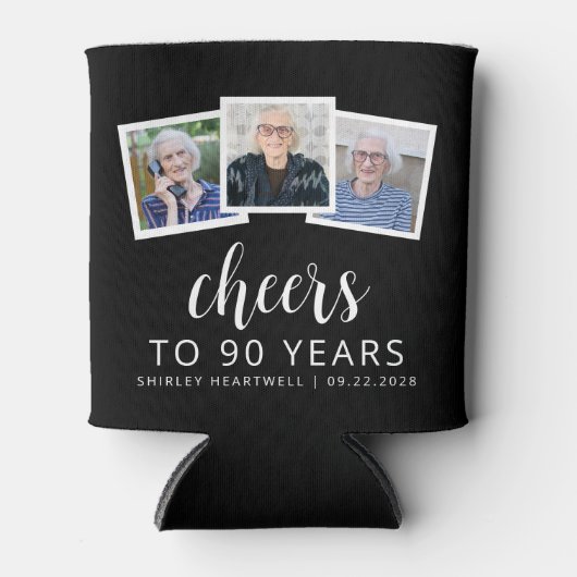 90誕生日3フォト白黒スクリプト応援 缶クーラー (正面)