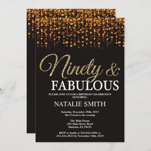 90誕生日90と素晴らしい金ゴールドグリッター 招待状 (正面/裏面)
