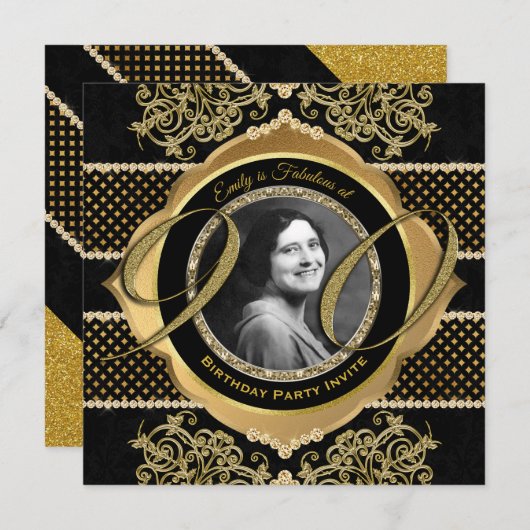 90誕生日90番目の金ゴールドダイヤモンド写真立て 招待状 (正面/裏面)