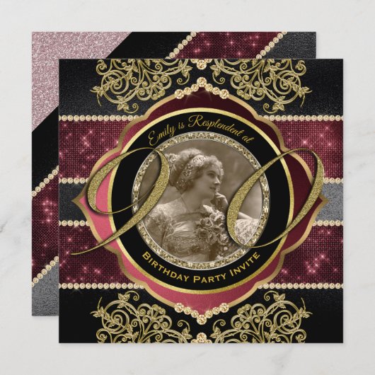 90誕生日90番目の金ゴールドRuby Gemsフォトフレーム 招待状 (正面/裏面)